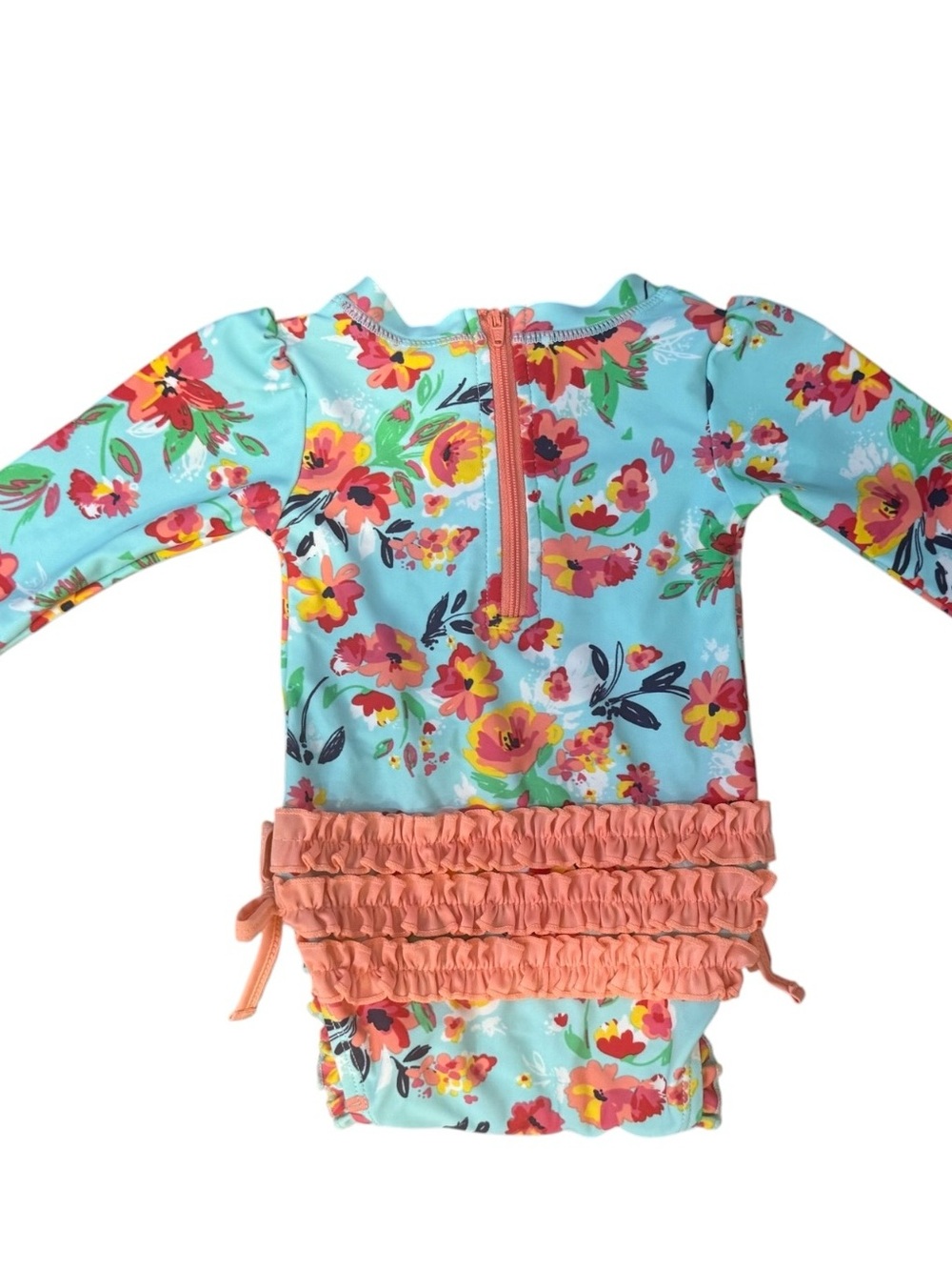 Ruffle Butts Light Blue Floral Long Sleeve Swim Suit with Pink & Yellow Flowers - Picture 9 of 12